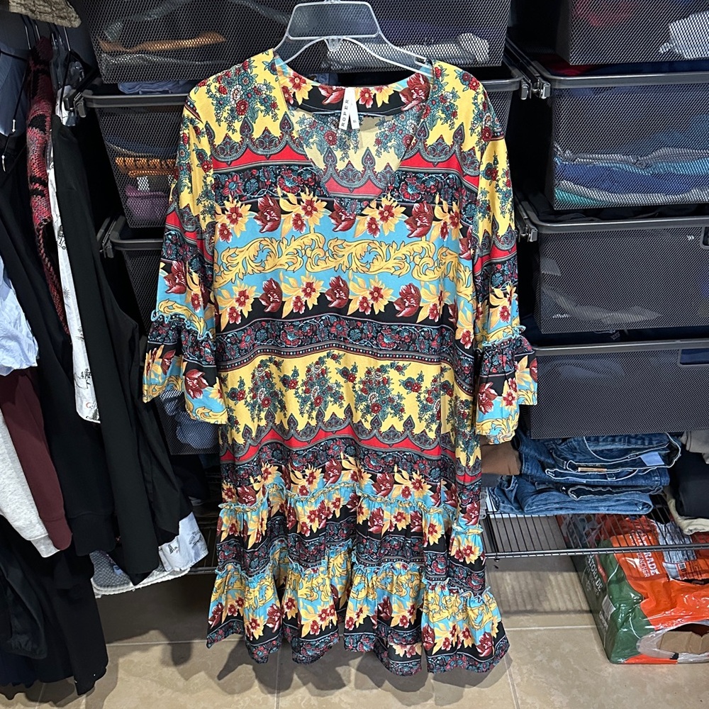 Roper Yellow Multi Floral Tiered Midi Dress